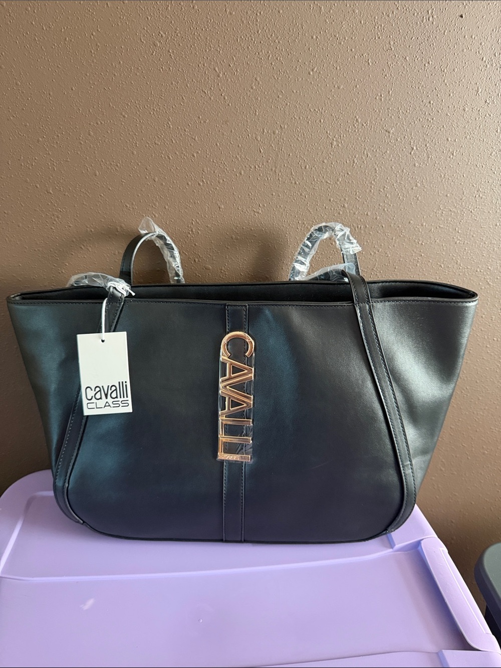 Cavalli Class Black Tote with Gold Cavalli Logo